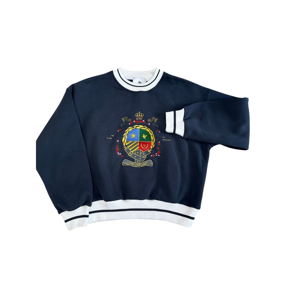 Yellow the Label Varsity‎ Sweatshirt Size XS Navy Blue Embroidered Herald Crest